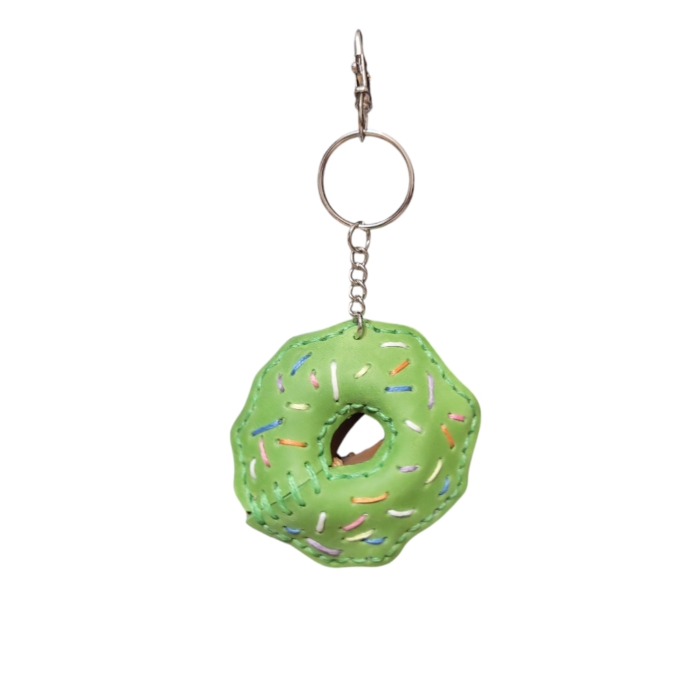 Handcrafted Genuine Leather Donut Purse Charm Keychain Green